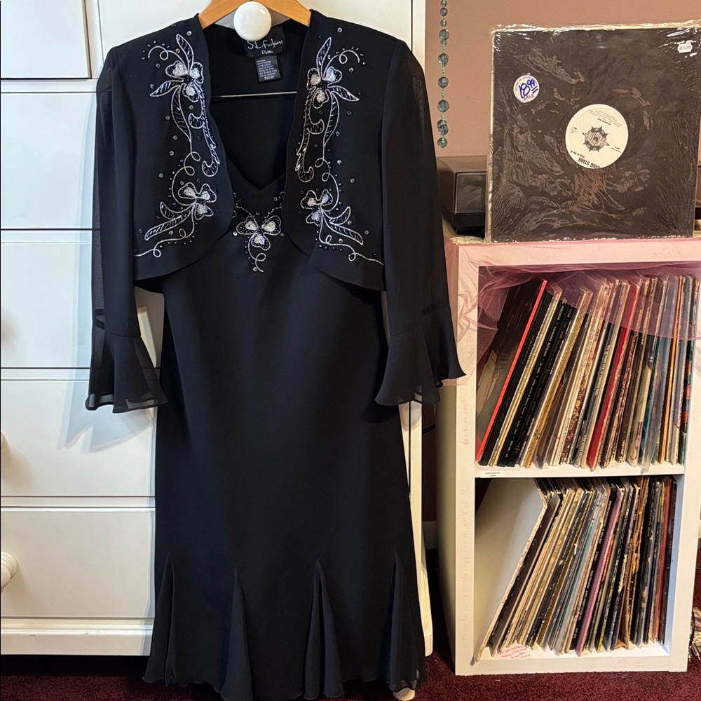 Vintage Y2K Dress Beaded Fairy Party Ruffle Black 2 Piece Set Jacket Beaded M L